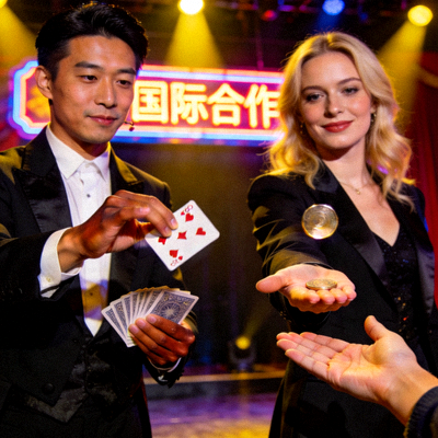 逐梦国际合作魔术师表演近景魔术瞬间